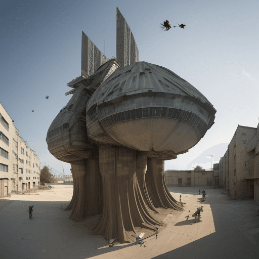 AI generated: town ship poor architecture environnement / with giant insect and dynosaure/ poor population, wide a...