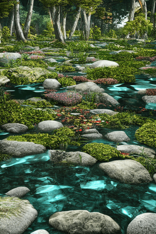 AI generated: Relaxing Forest flower crystals::4 emitting glitter garden landscape with pool of clear water and „b...