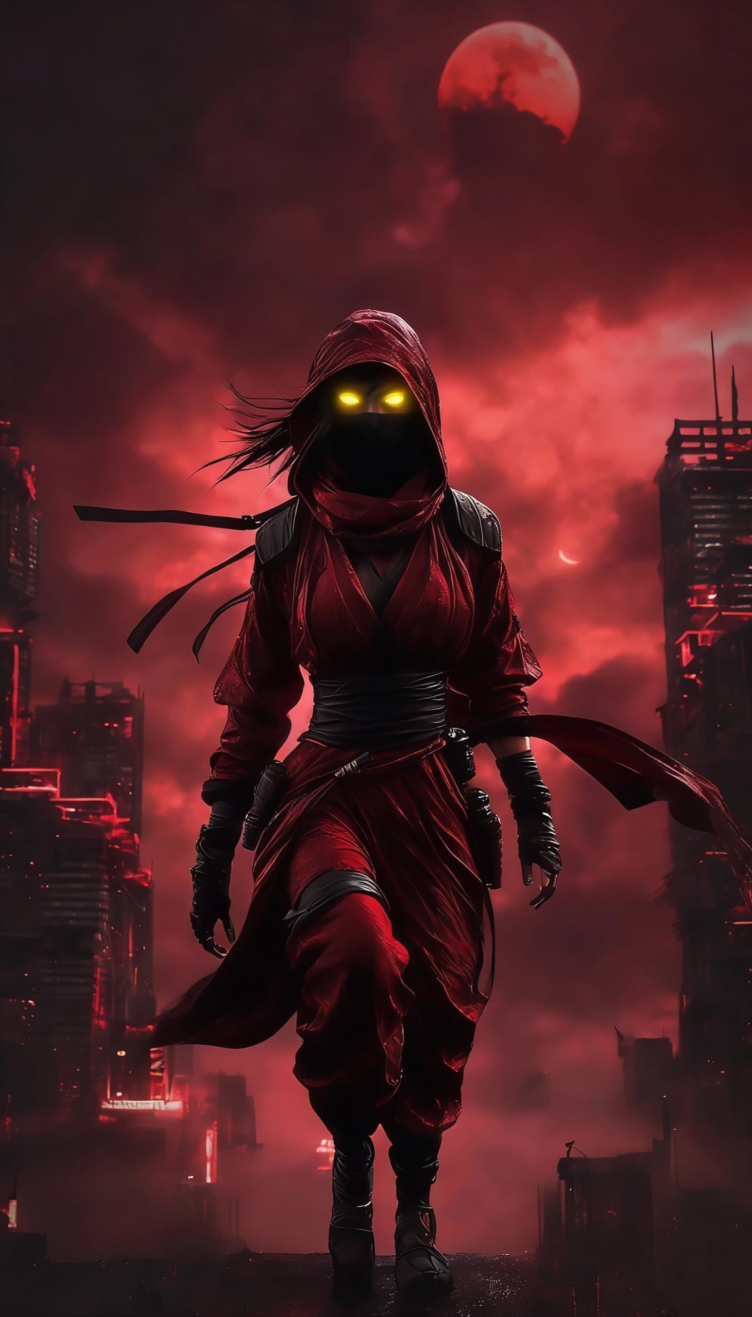 AI generated: A digitally created, highly detailed, and dramatic image of a ninja set against a dark, futuristic c...