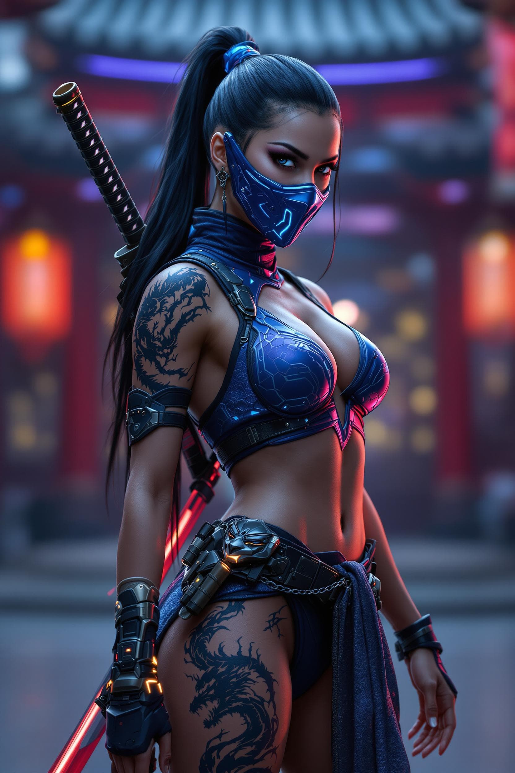 AI generated: A stunning Kitana warrior from Mortal Kombat, wearing a cyberpunk-inspired outfit in deep blue with ...