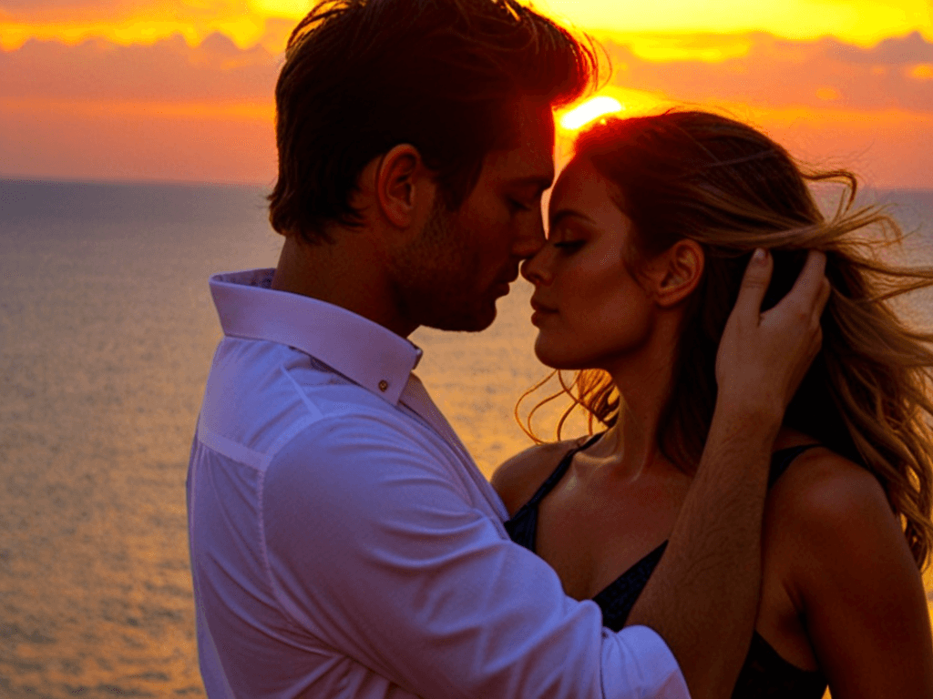 AI generated: Medium close-up, photograph of, a silhouette of a couple about to kiss, his hands in her hair, the b...