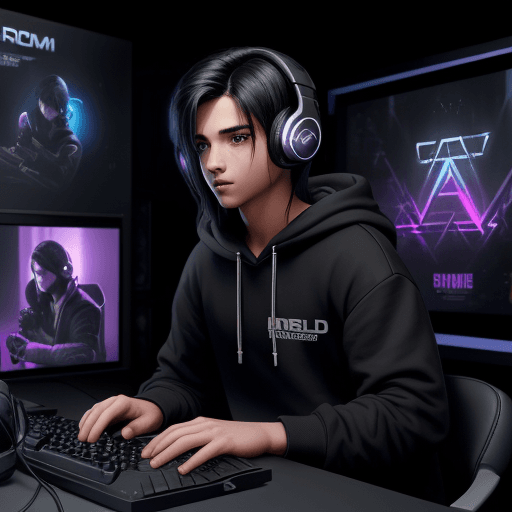 AI generated: A boy with dark black medium length hair with a gradient, with music headphones, and a hoodie, game ...