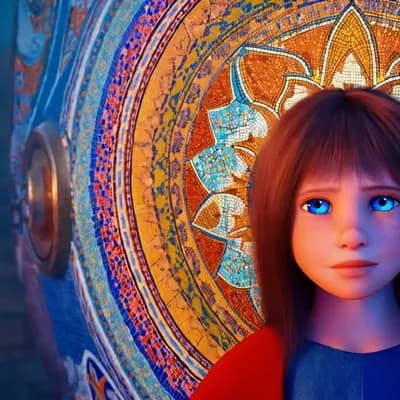 AI generated video: the girl has blue eyes, and a lot of mosaic tiles, detailed, intricate, full color, beautiful, cinem...