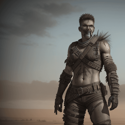 AI generated: Post apocalyptic male warrior, survivor, mad max style, photo realistic, battle background, looking ...