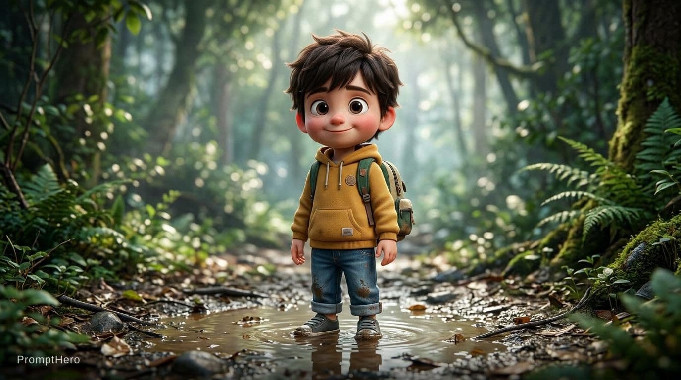 AI generated: A full-body cute stylized 3D boy standing in a shallow muddy puddle on a forest path, oversized expr...