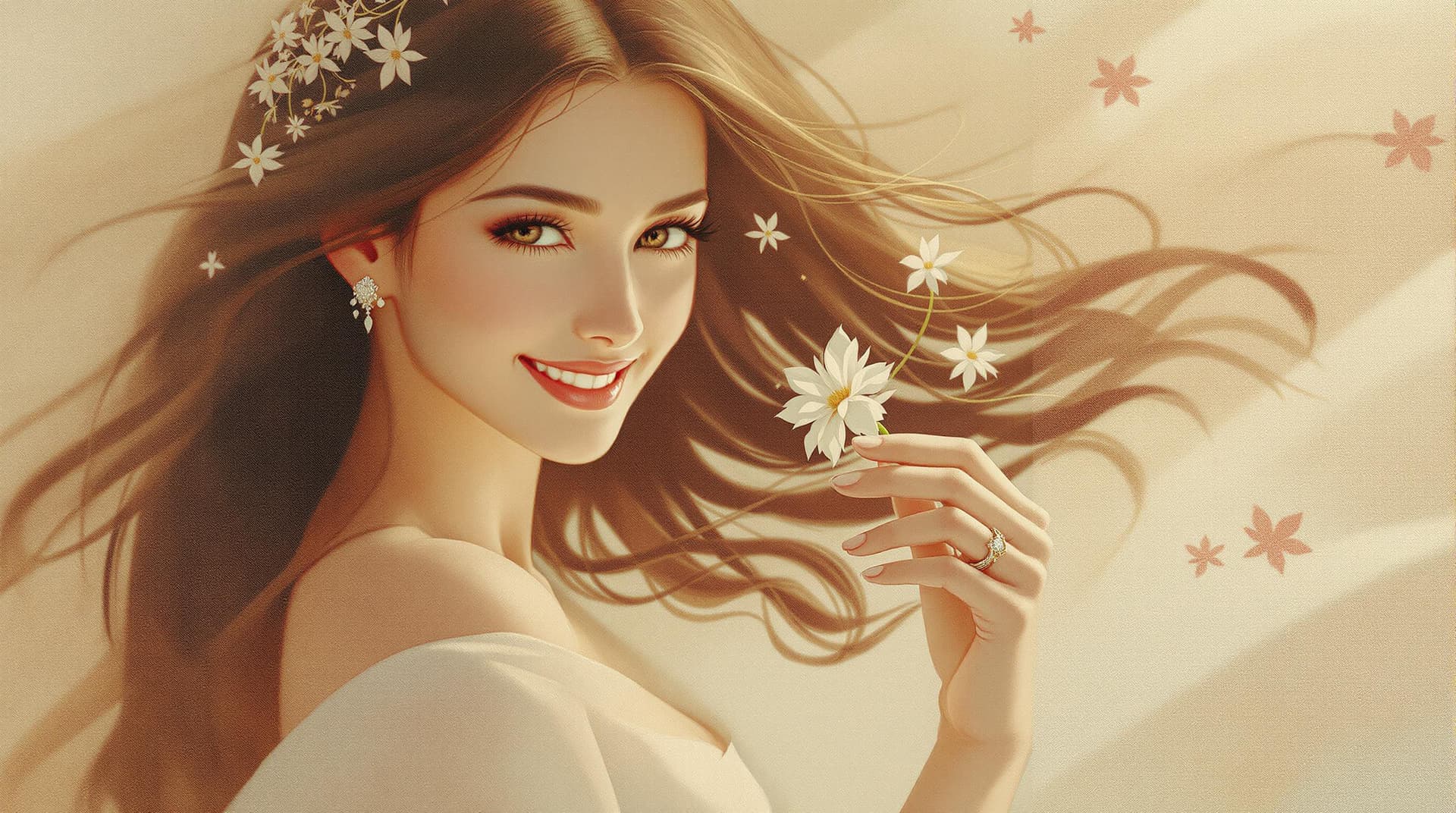 AI generated: Detailed, realistic painting of a smiling woman with long flowing hair, focused gaze, holding a deli...