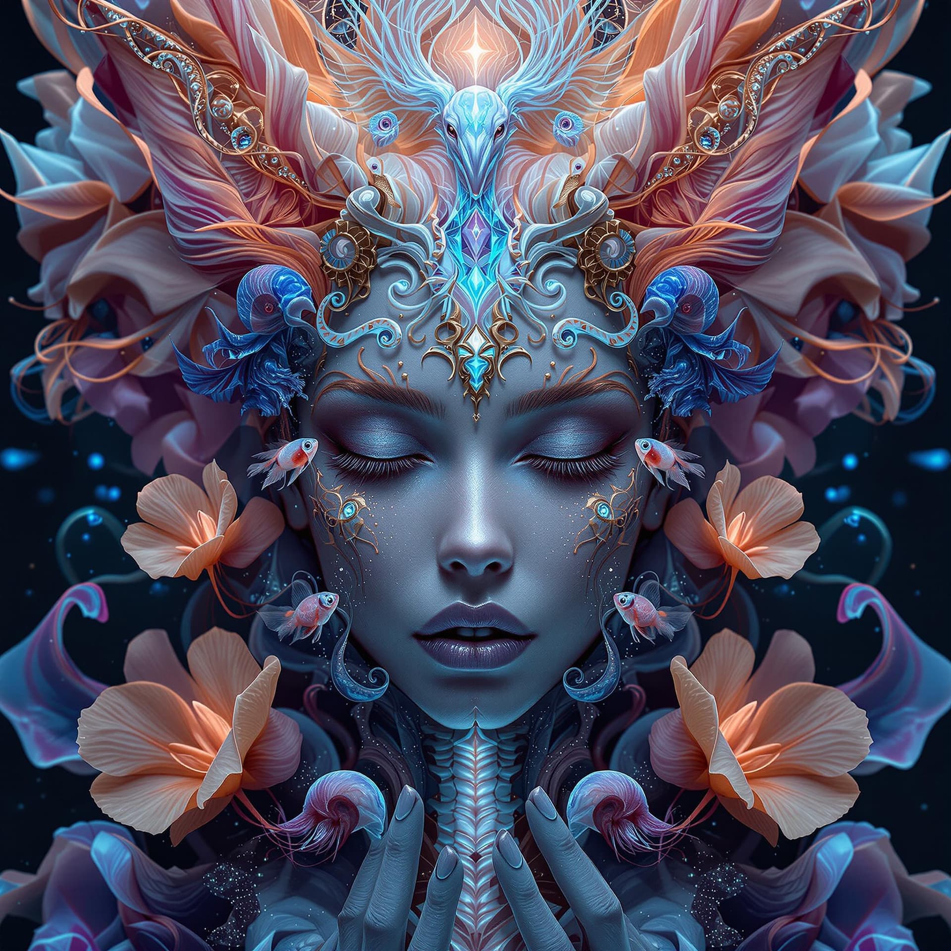 AI generated: Goddess close-up portrait ribcagel. jellyfish phoenix head, nautilus, orchid, skull, betta fish, bio...