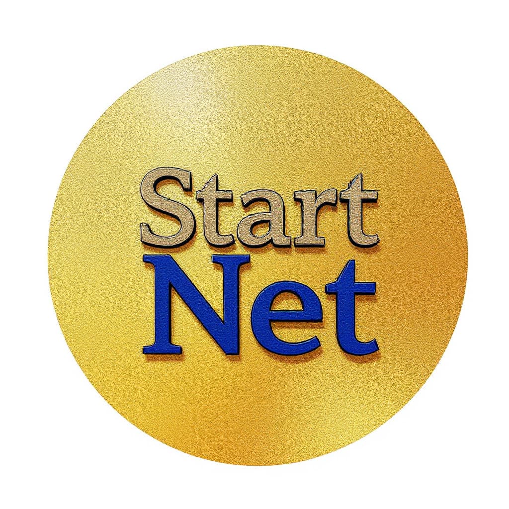 AI generated: 3D logo design featuring indigo text Start Net on a gold background. Include an oval around the lett...