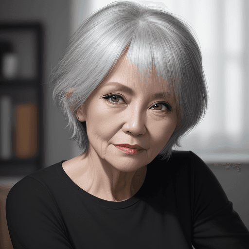 AI generated: 60 YEAR OLD woman in a black tshirt, in the style of sterling silver highlights, samyang af 14mm f/2...