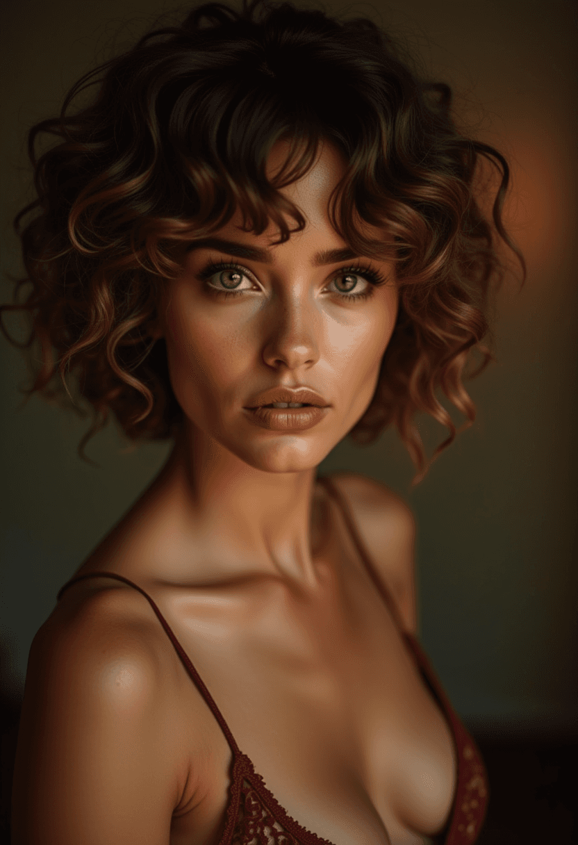 AI generated: medium close-up photograph of a woman with short curly brunette hair with highlights, crazy and allu...