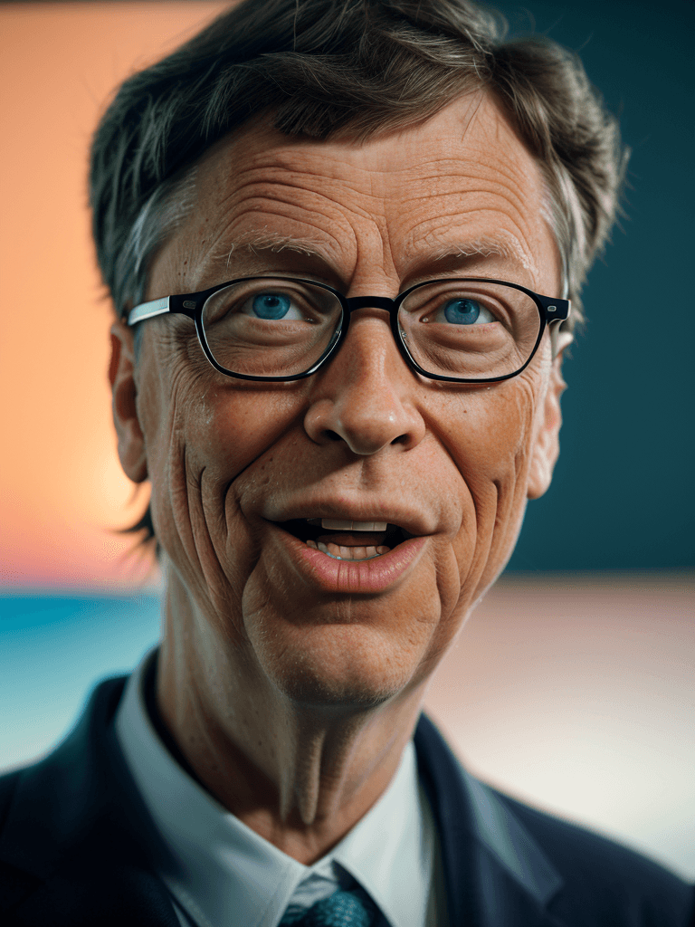AI generated: portrait of Bill Gates getting scammed by a hacker, 8k full HD, low angle, unreal engine 5, cinemati...