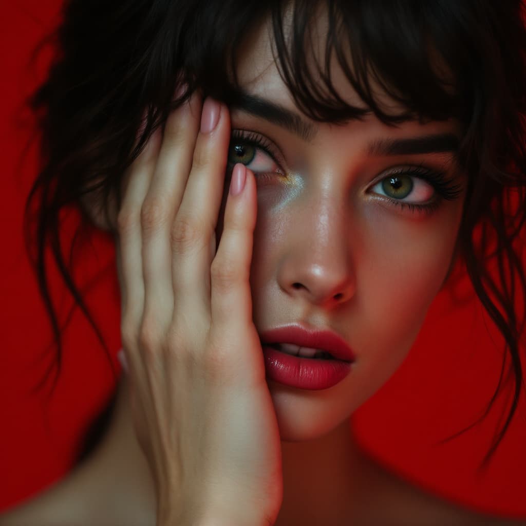 AI generated: image of a woman with a thoughtful expression, covering half of her face with her hand, pure red bac...