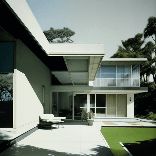 AI generated: Hyper realistic eye level exterior photo of a mid century modern style house overlooking the ocean, ...