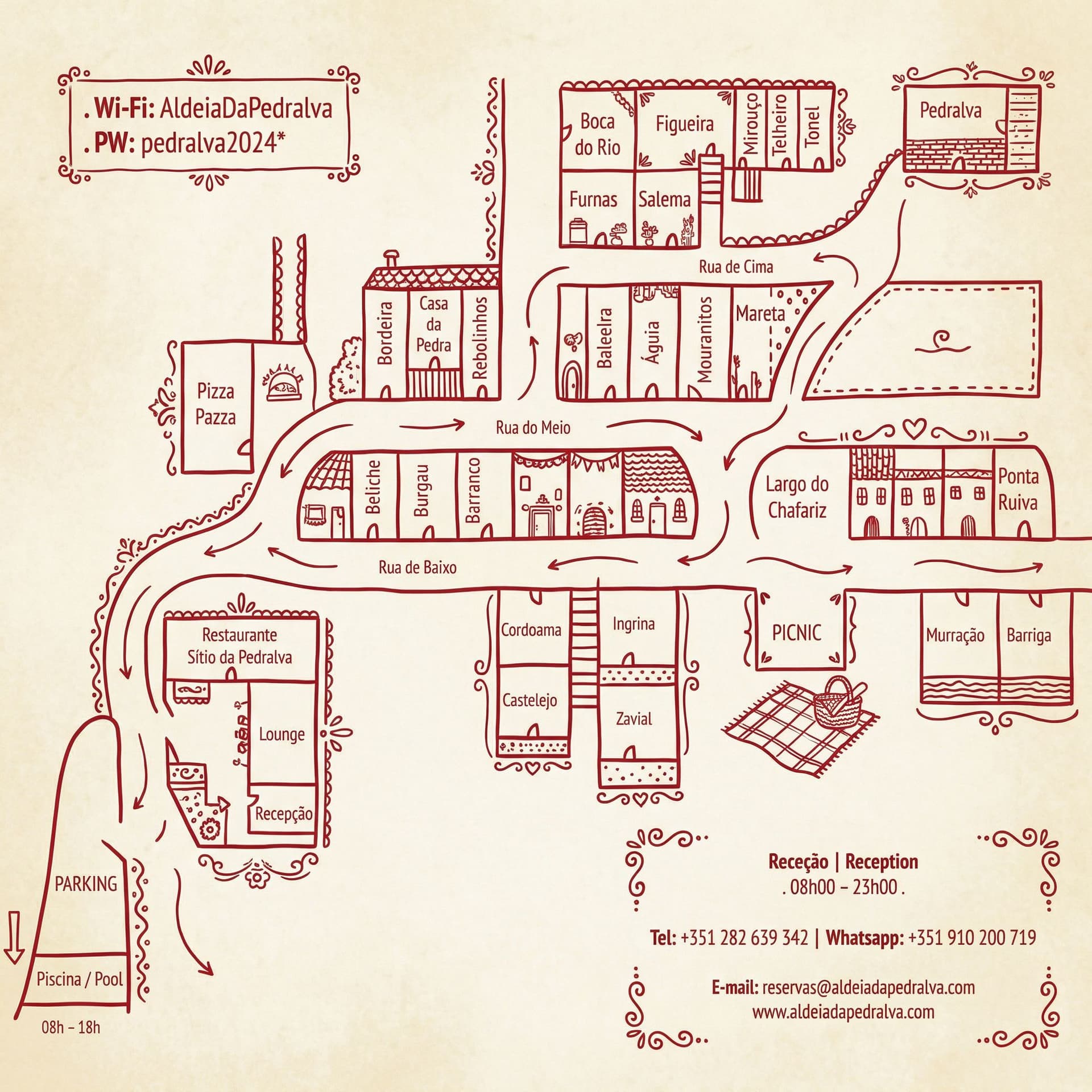 AI generated: make this map of a small village more playful and in this color: #B00B1E