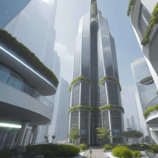 AI generated: A futuristic skyscraper with a natural theme in the shape of a cone, with plants on each floor, and ...