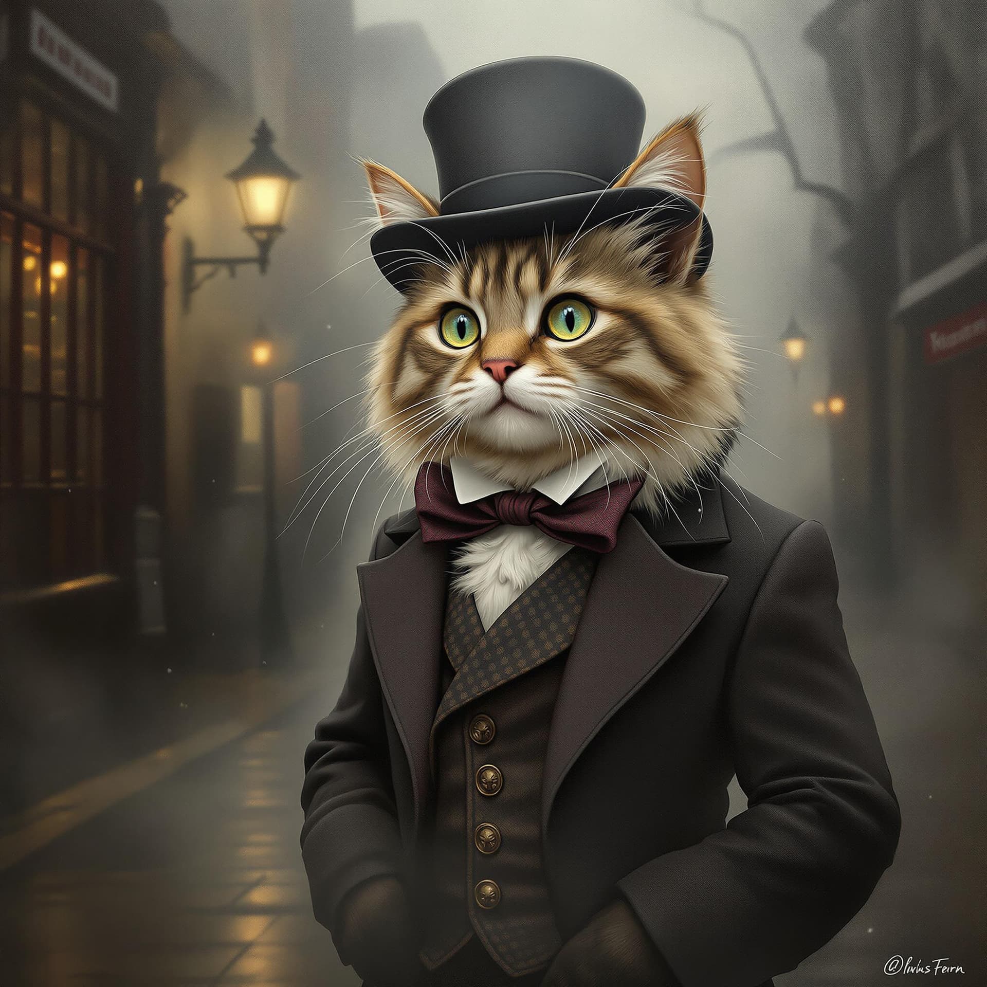AI generated: masterpiece, best quality, a cute cat dressed as a Victorian gentleman, standing in the foggy street...