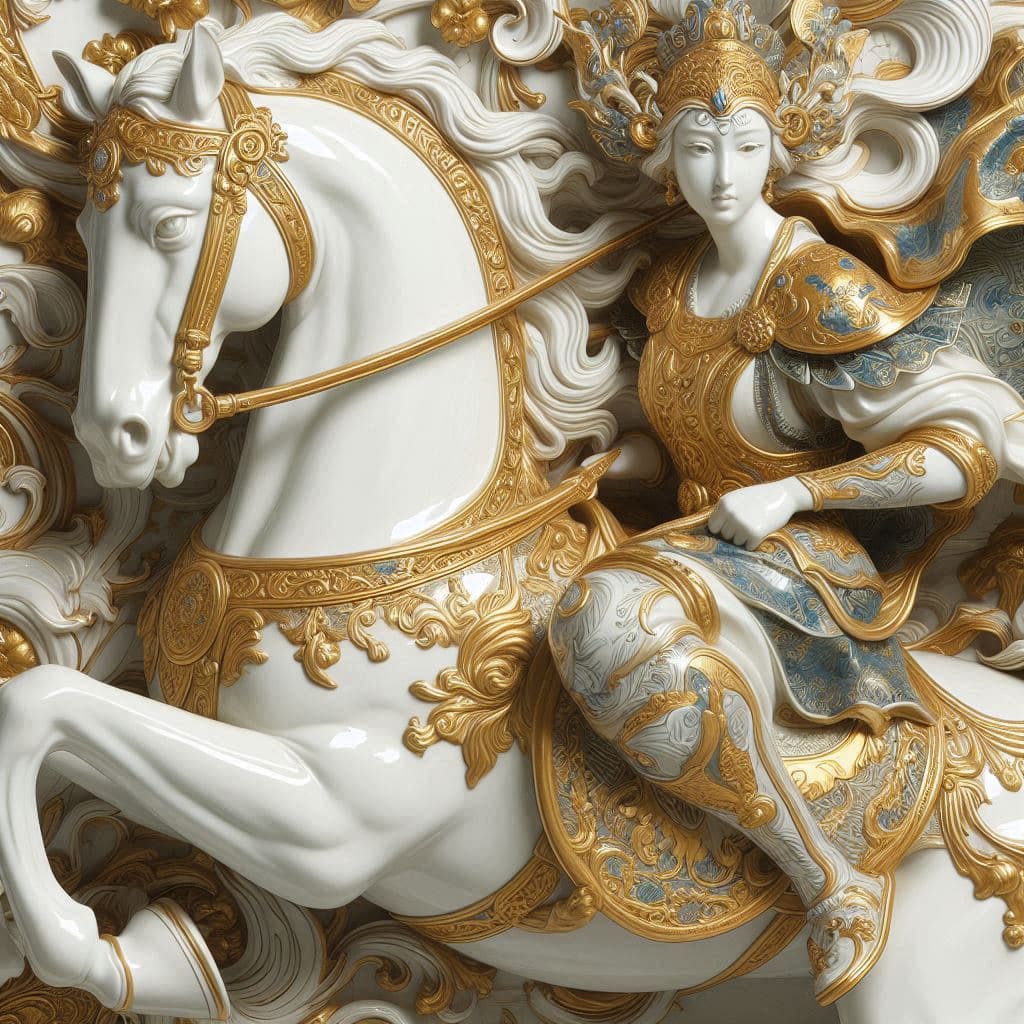 AI generated: a woman in golden armor riding a horse made out of porcelain, in the style of balanced symmetry, whi...