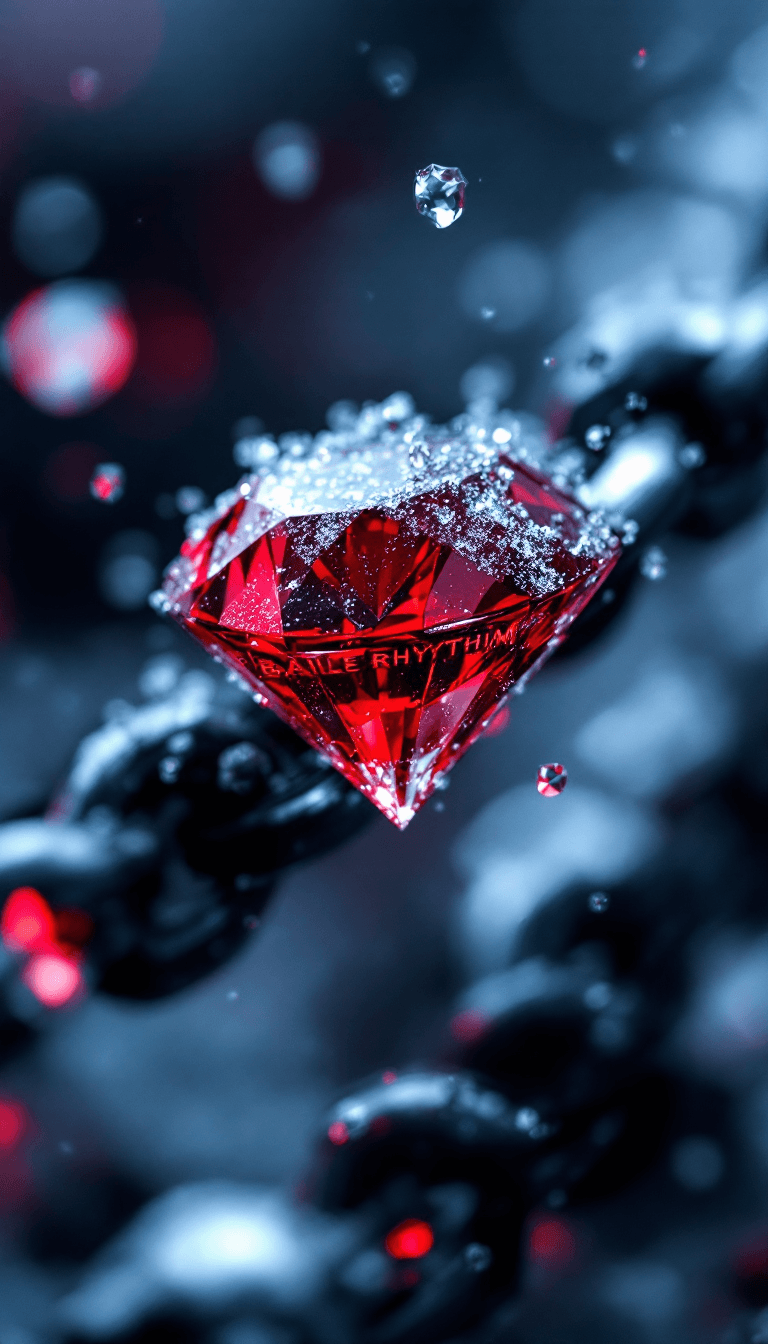 AI generated: big diamond ice out cuba chain. On the Chain is a red diamond and the text: "BAILE RHYTHM" in a abst...
