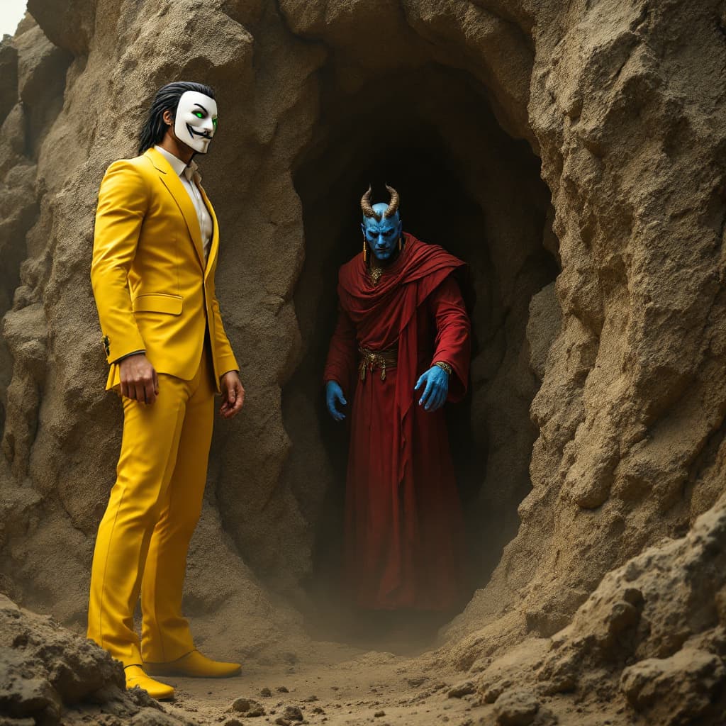 AI generated: A tall and slender hero wearing a bright yellow suit and a white mask resembling the one from 'V for...