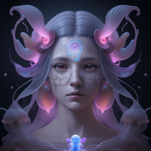 AI generated: Goddess close-up portrait ribcagel. jellyfish phoenix head, nautilus, orchid, skull, betta fish, bio...