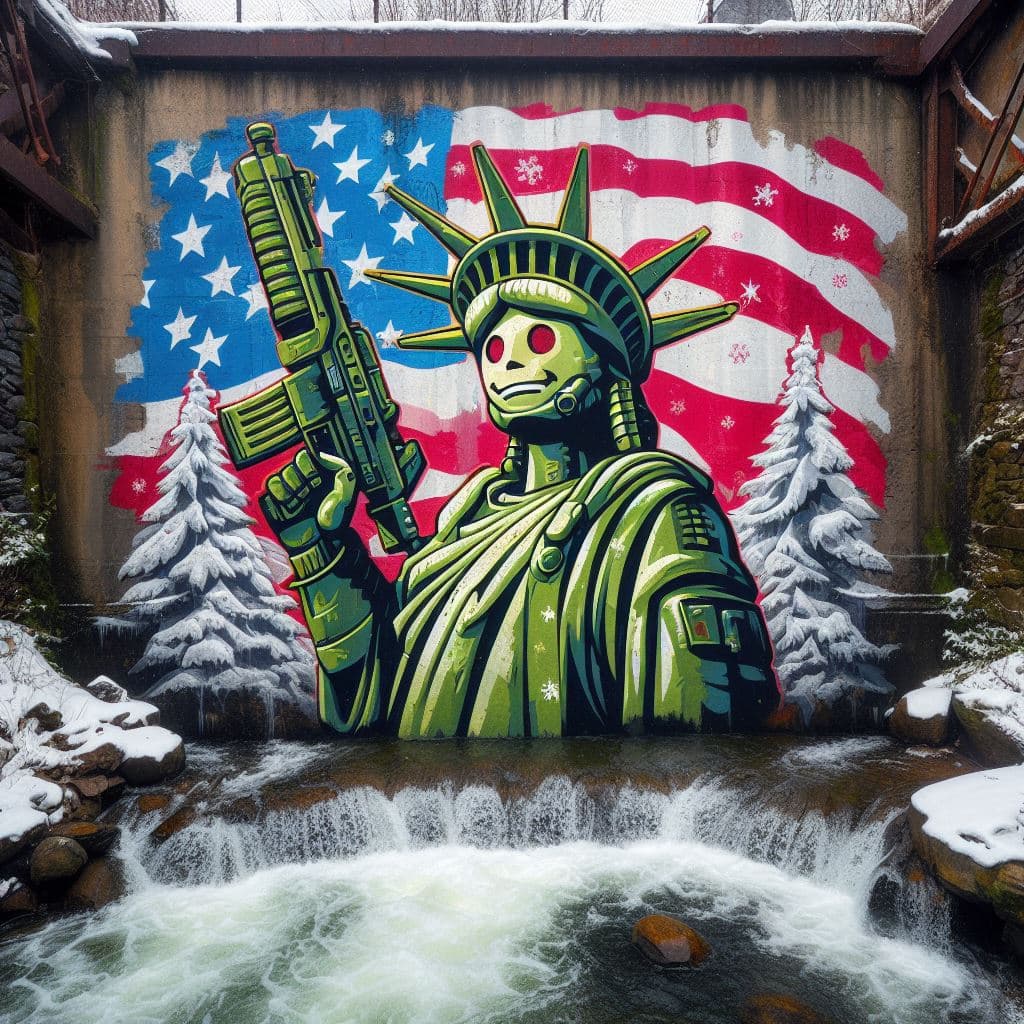 AI generated: "Liberty Prime with a custom winter graphics design, standing by a waterfall, in the style of the fa...