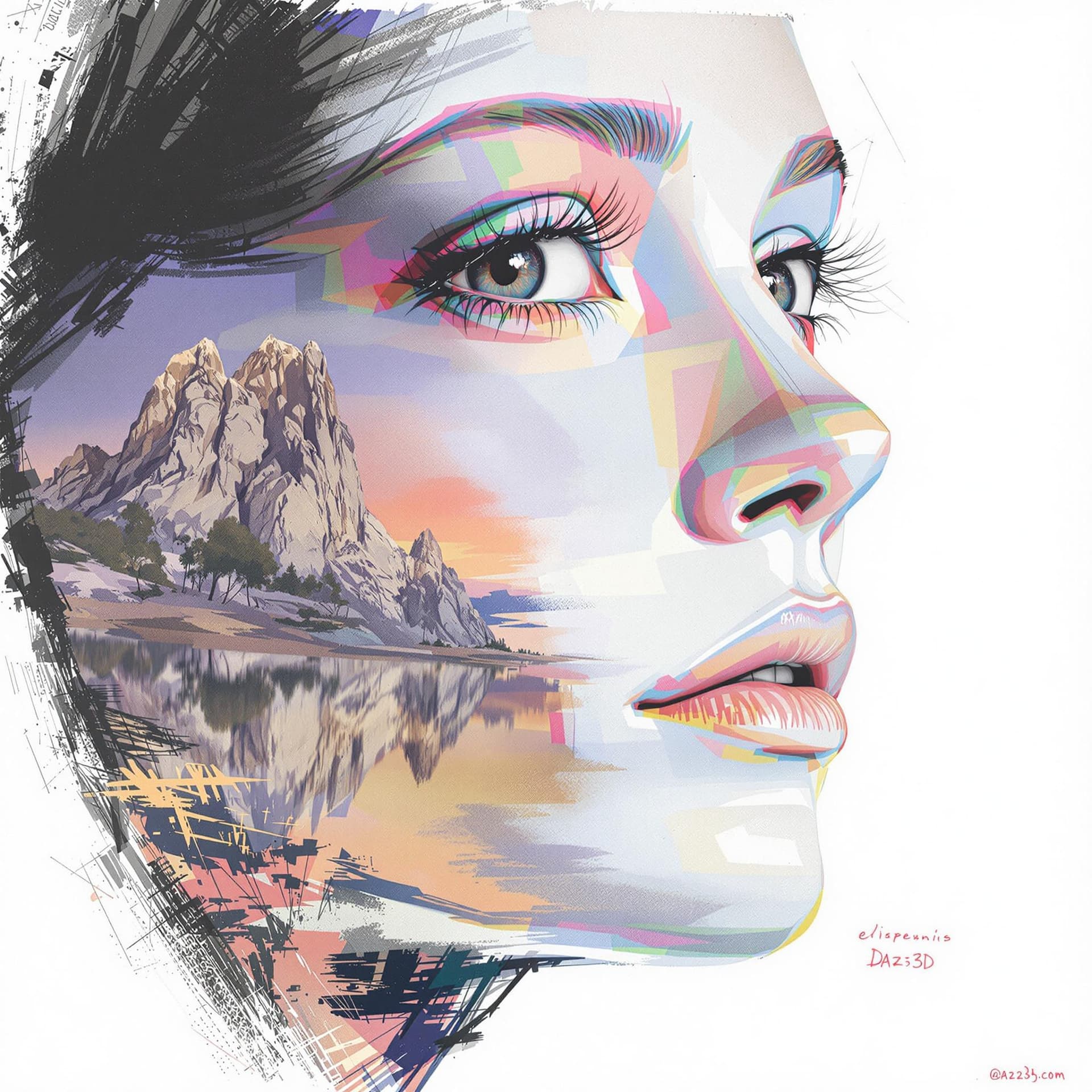 AI generated: color drawing of a woman's face, daz3d, blink-and-you-miss-it detail, emotional landscapes, realisti...
