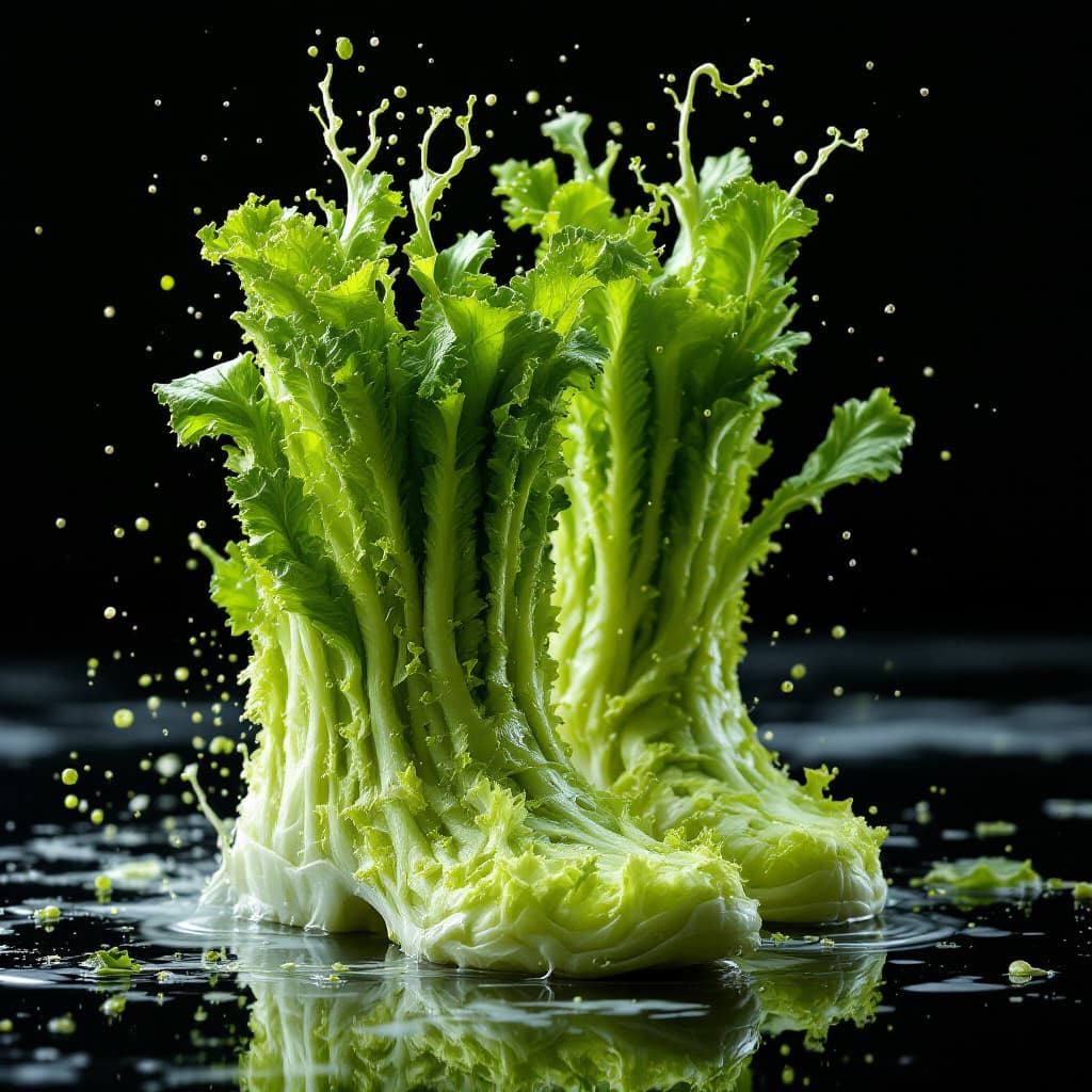 AI generated: a pair of surreal raw lettuce salad shoes made of splashy raw Lettuce structure (Spinach) raw green ...