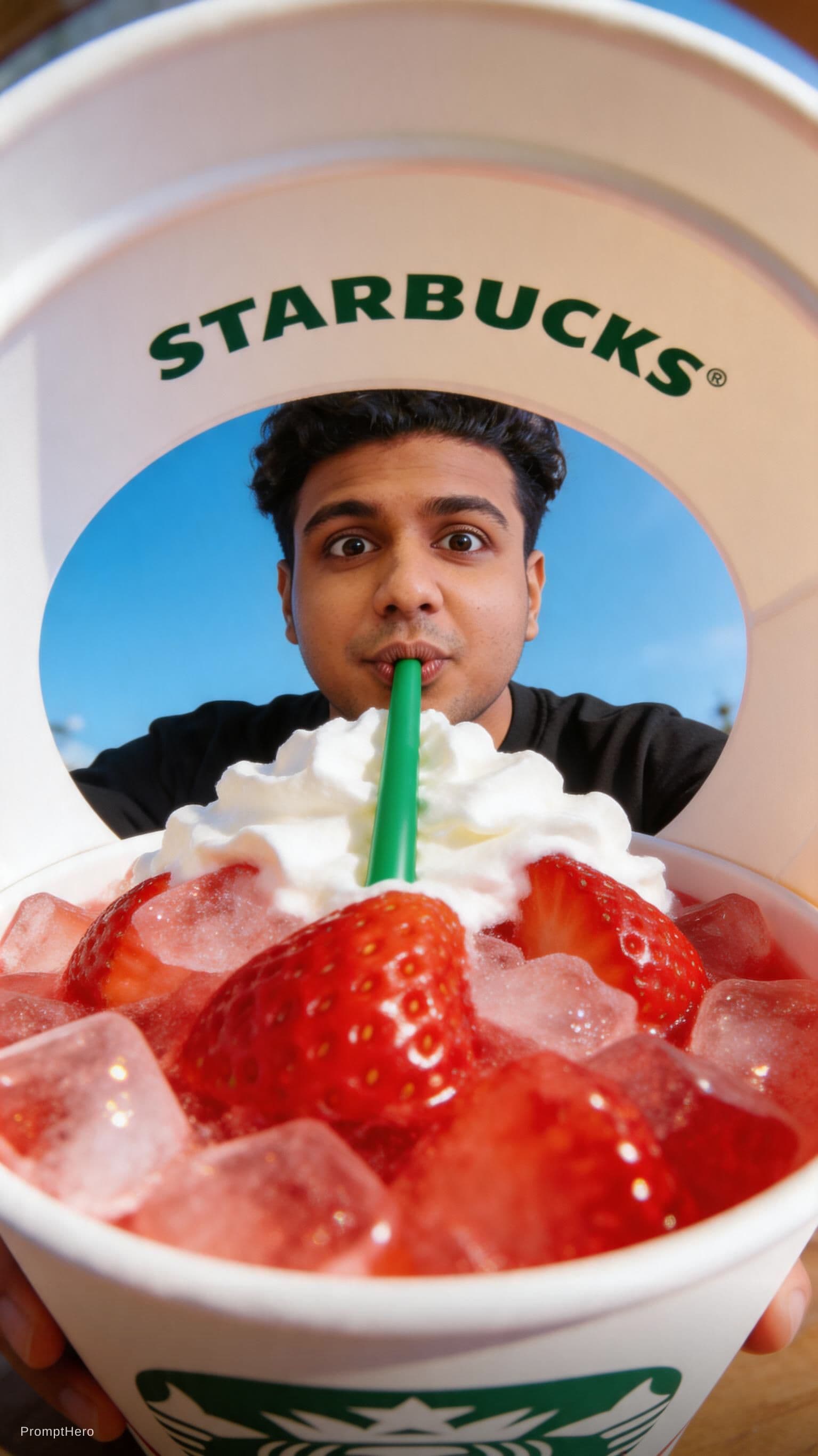 AI generated: {
  "prompt": "View from inside a Starbucks strawberry frappuccino cup looking up, fisheye lens extr...