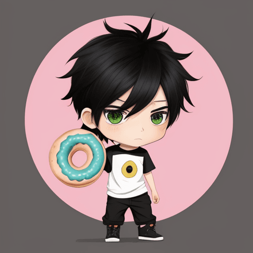 AI generated: Generate an image featuring a 2D chibi boy with black hair. He should be depicted holding a deliciou...