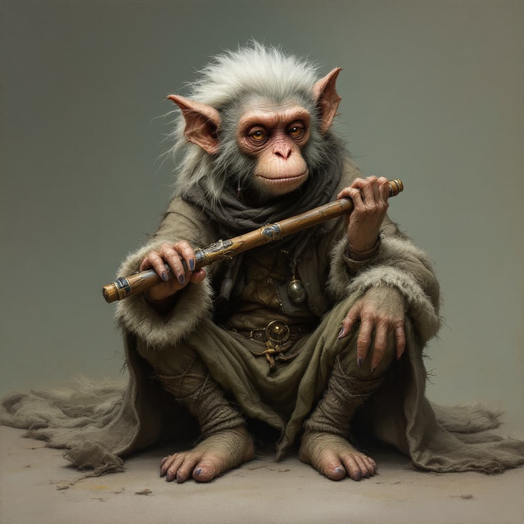 AI generated: a simiah woman from daggerheart, humanoid monky, transvers flute, fantasy figur, a puffy wool coat t...