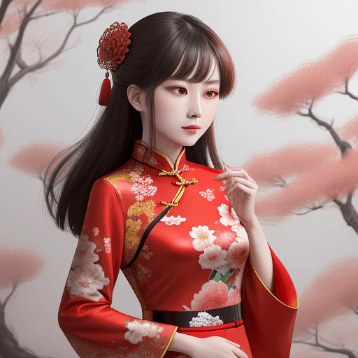 AI generated: chinese red blouse, in the style of dreamy and romantic compositions, floral explosions --ar 24:37 -...