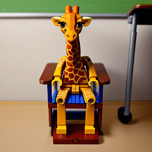 AI generated: a giraffe sit on classroomchair all parts will be created by lego full body
