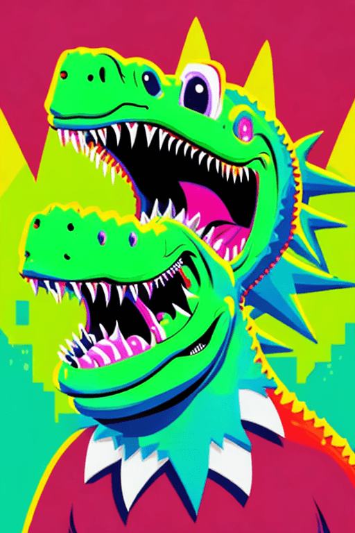 AI generated: smiles very broadly showing teeth happy dino in full growth, santa costume, t-shirt design, synthwav...