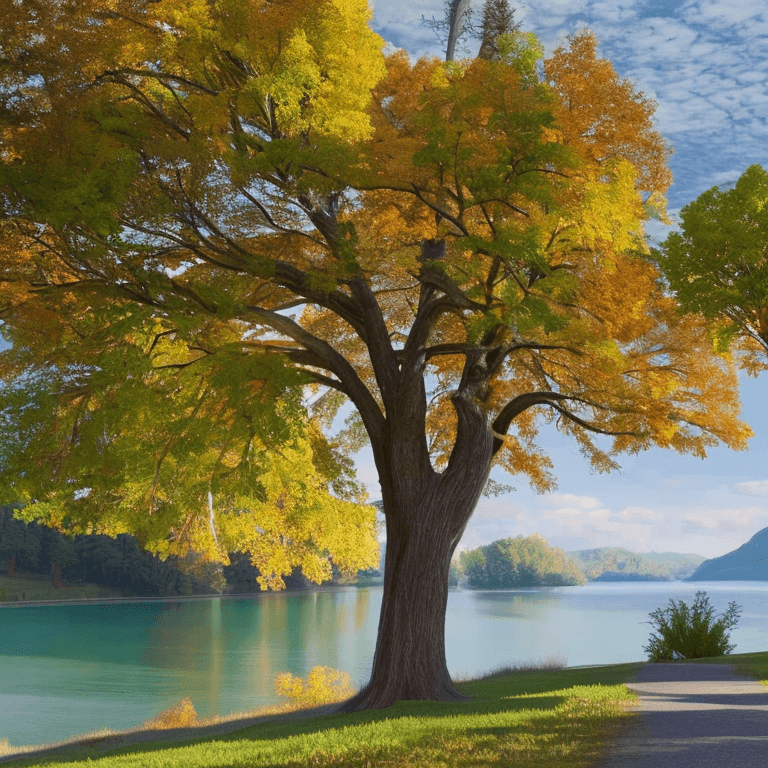 AI generated: photorealistic oil on canvas, 
big trees by a river and hill, 
beautiful setting, fall
Foreground,
u...