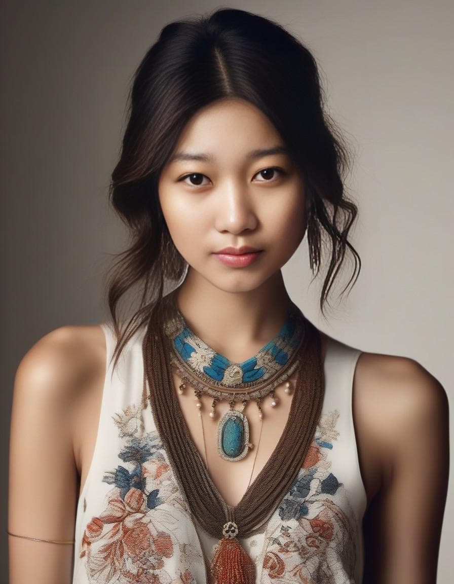 AI generated: A fashion editorial photo of a woman wearing boho style jewelry and , shot in the style of Mario Tes...