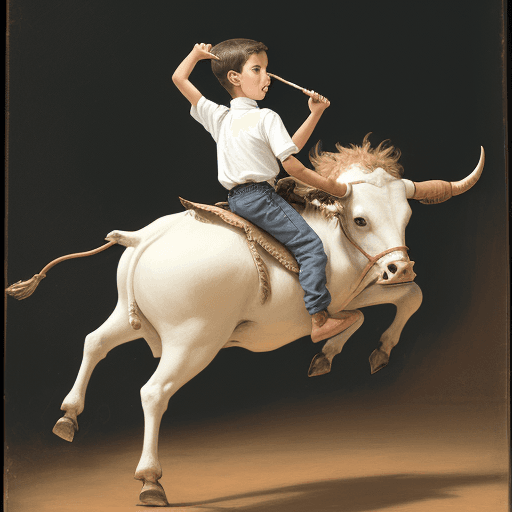 AI generated: A boy riding a bull and playing the flute