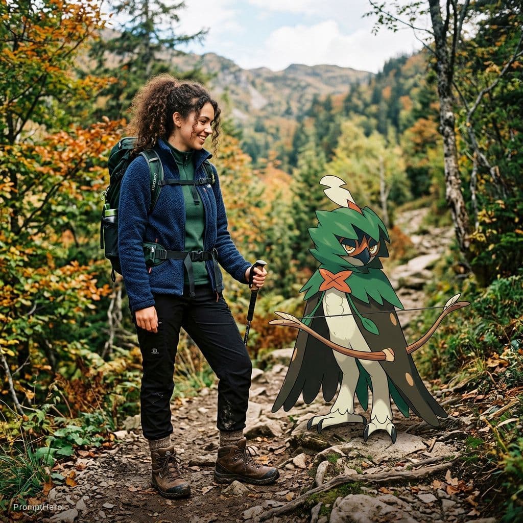 AI generated: a decidueye with a trainer wearing a blue fleece a green top black walking trousers and walking boot...