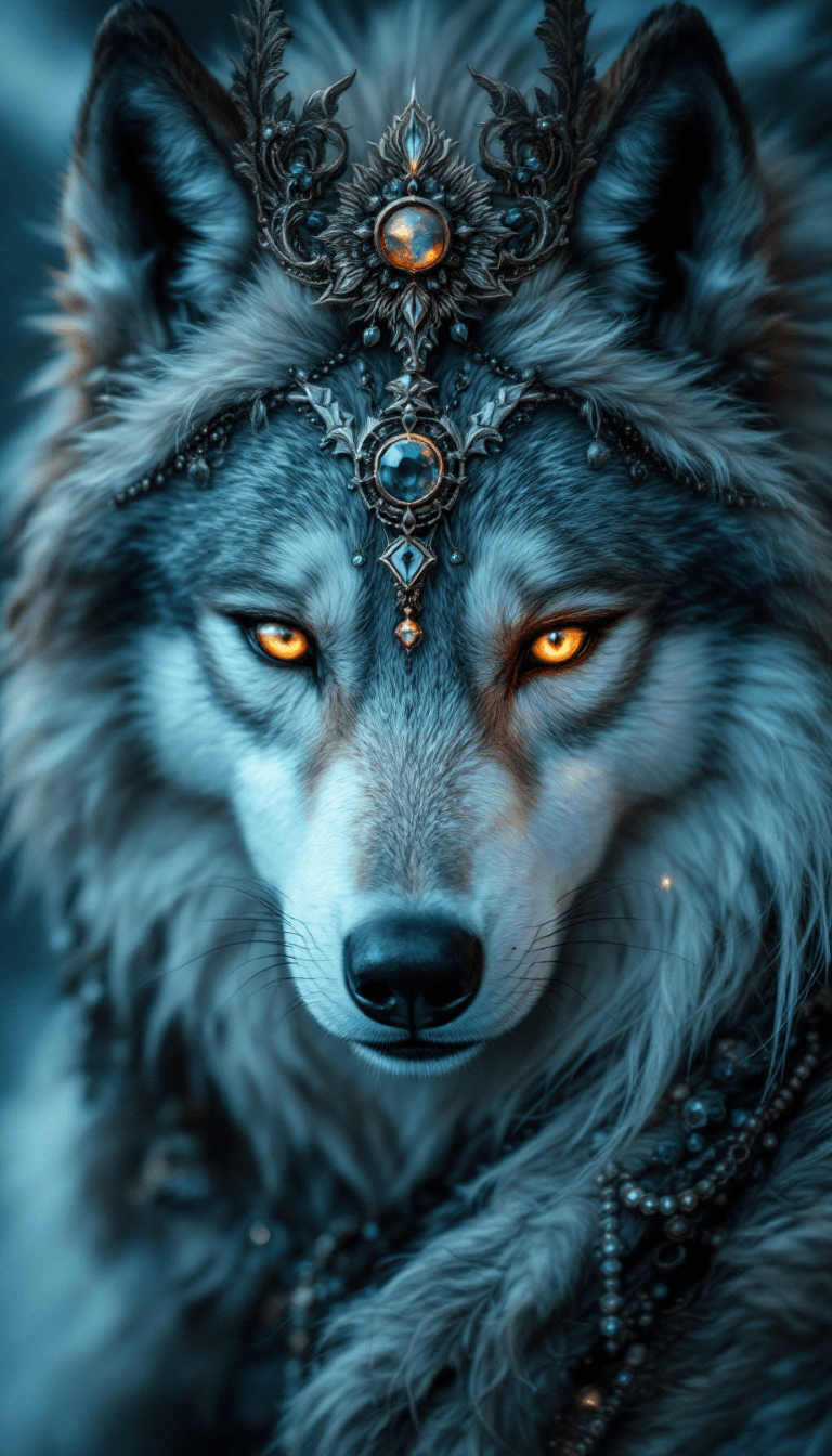 AI generated: Face of a fantasy angel wolf in heaven, many accessories, detailled, face