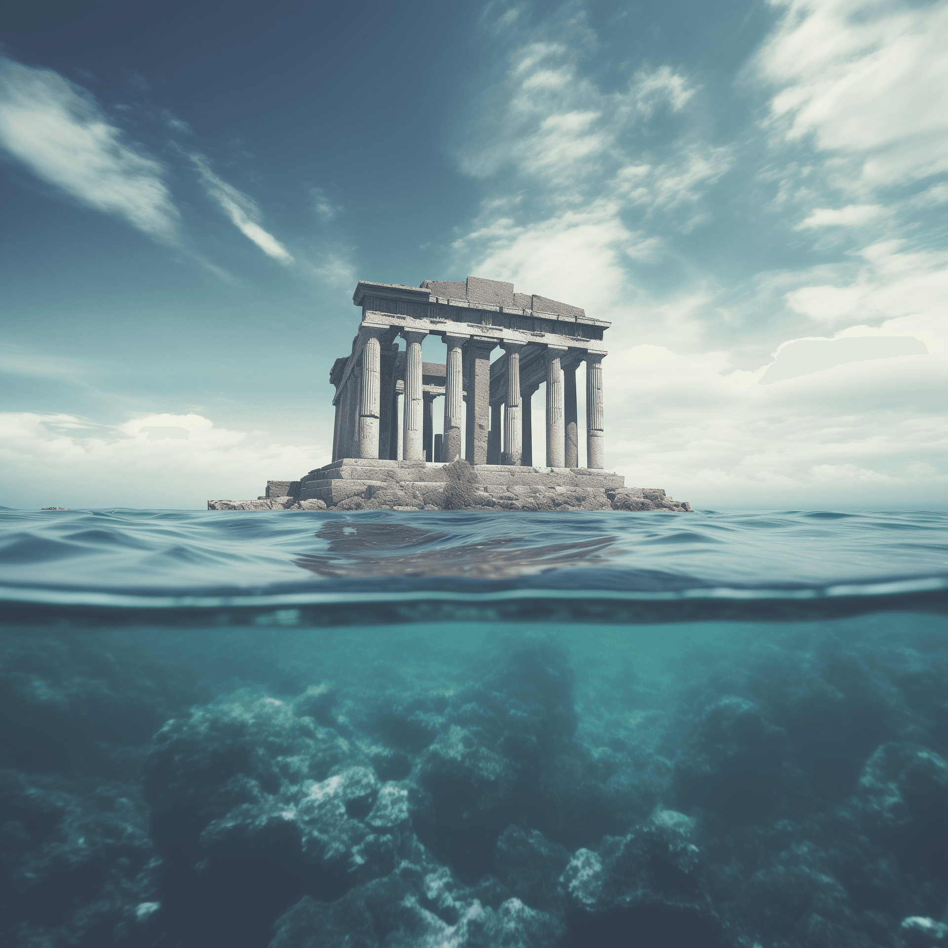AI generated: Greek temple floating in the middle of the sea, shot on Kodak film stock, realistic photo, cinematic...