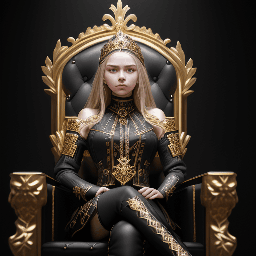 AI generated: A very beautiful modern Slavic young lady sitting on a black throne made of gold, with North Slavic ...