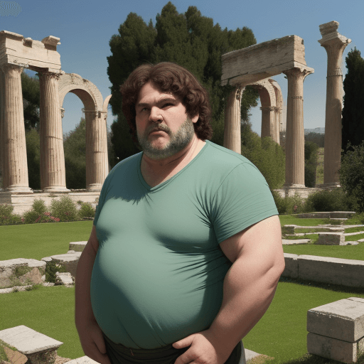 AI generated: javier milei, 60 years, old fat hercules, in a green garden, ancient ruines, olimpus background, 