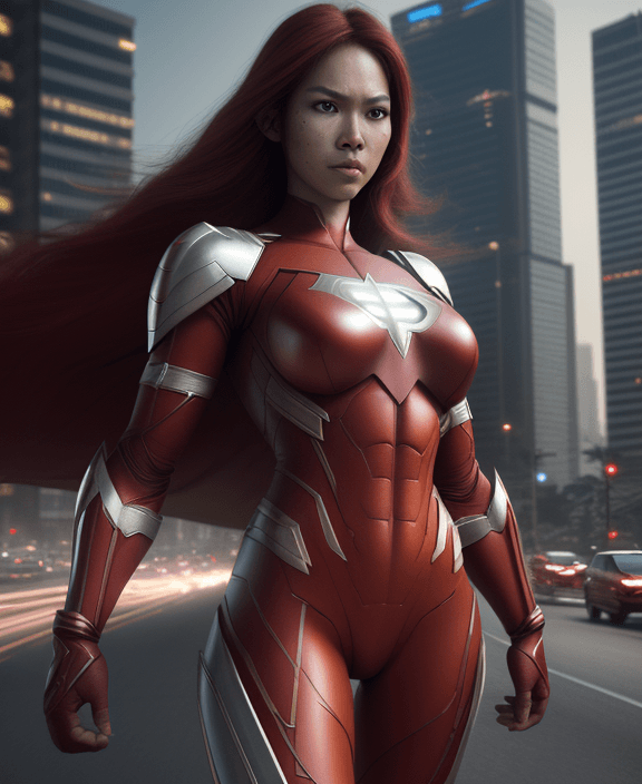AI generated: epic realism, superhero from Indonesia, red costum, beautiful girl, shoulder length hair, perfect bo...