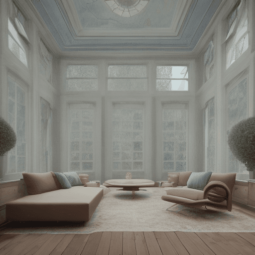 AI generated: High resolution photography interior design, dreamy sunken living room conversation pit, wooden floo...