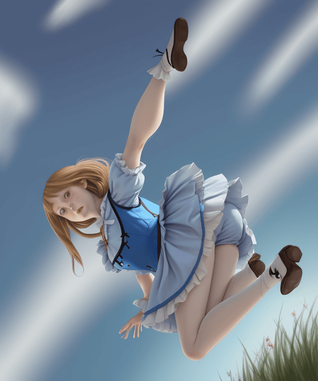 AI generated: realistic drawing 
alice from alice in wonderland free falling from the sky 
her body is horizontal
...