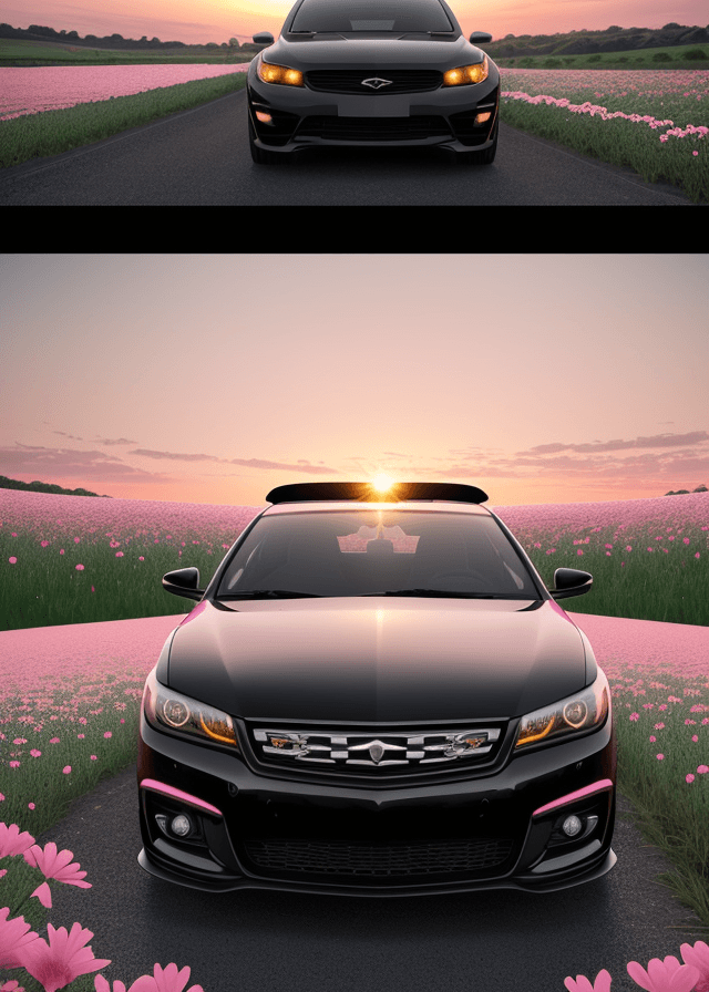 AI generated:  shows a black car with a large front grill and a spoiler, driving through a field of pink flowers a...