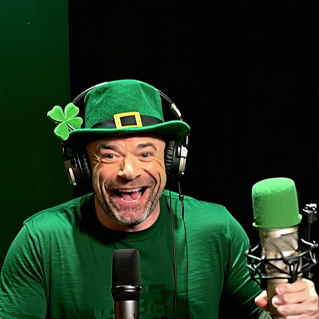 AI generated: Joe Rogan catches a leprechaun breaking onto his set during a podcast and chases after it in a panic...