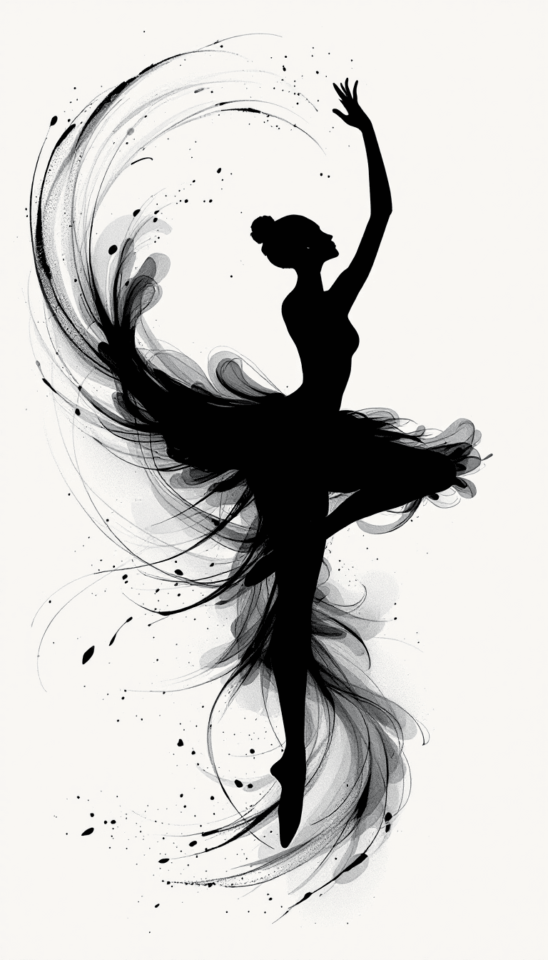 AI generated: A striking minimalist illustration of a ballerina in motion, her silhouette seamlessly blending into...