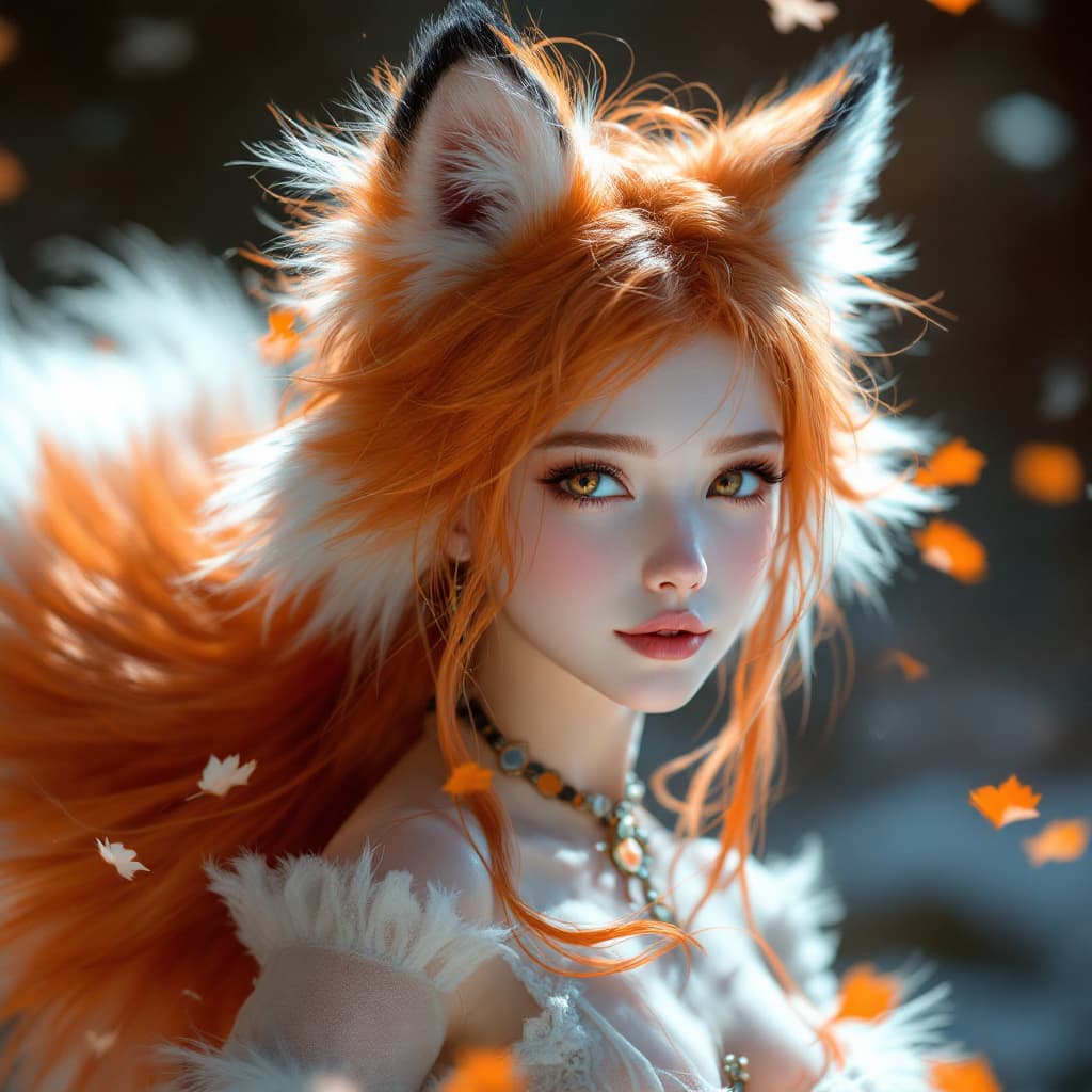 AI generated: fluffy nine-tailed fox girl by Wlop and Guweiz, Hyper-realistic, photography, real, professional, 8k...