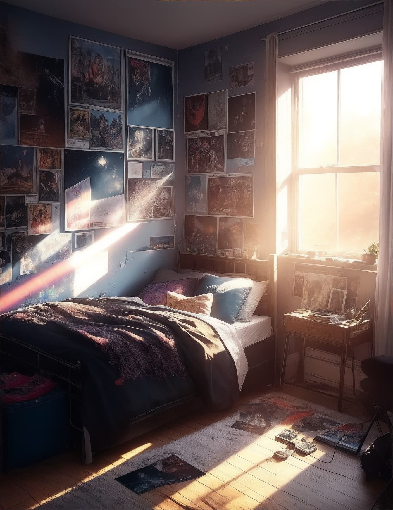 AI generated: cinematic+detailed+Rock posters on the walls+teenagers Bedroom+messy+Realistic+reflection+god rays t...