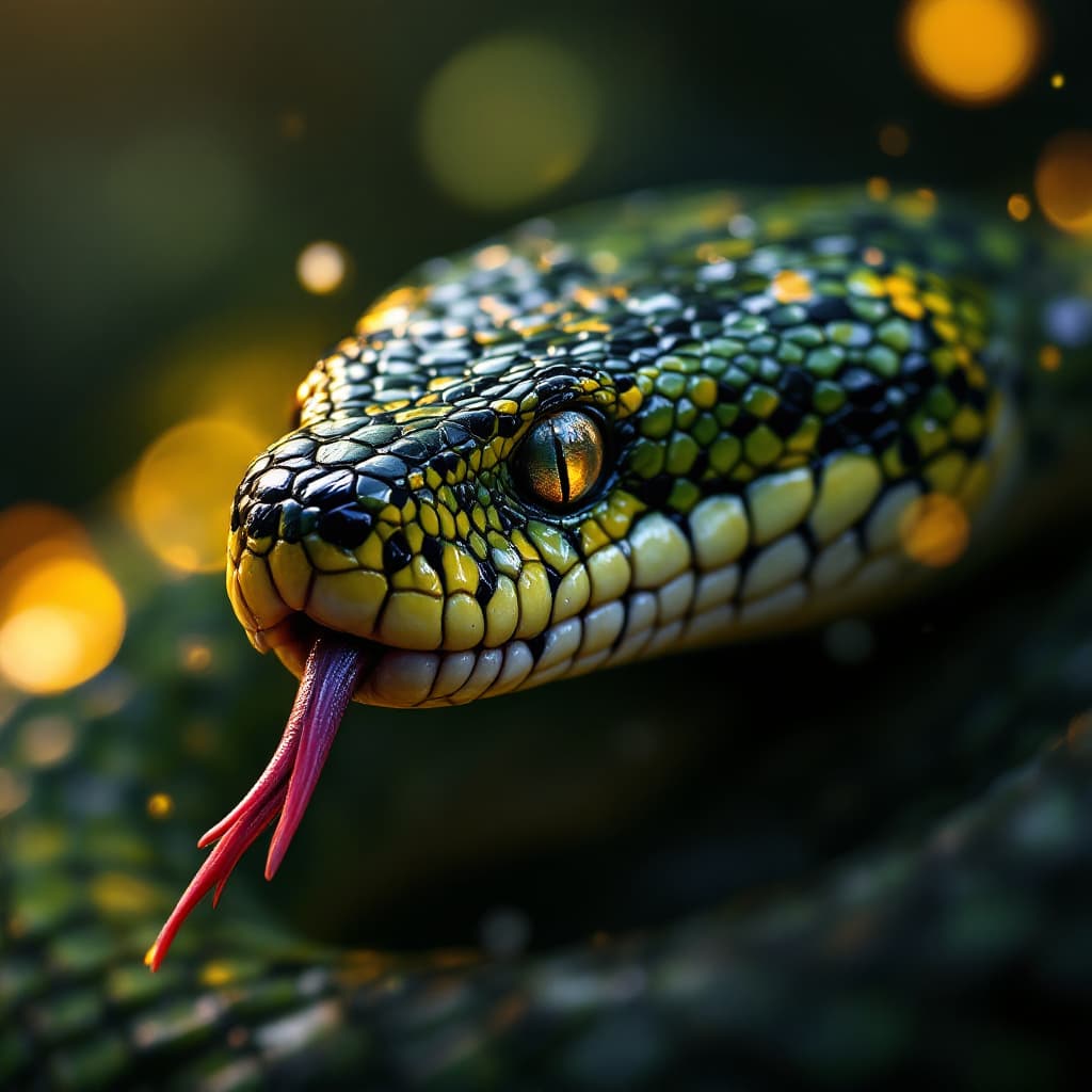 AI generated: A highly detailed, close-up artistic depiction of a snake's head with its tongue extended, in an abs...